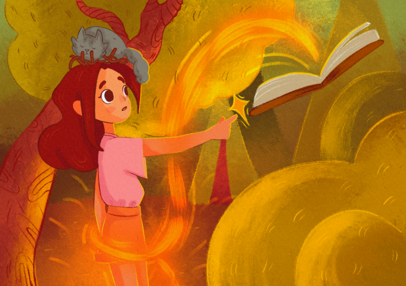 Girl conjuring magical book
